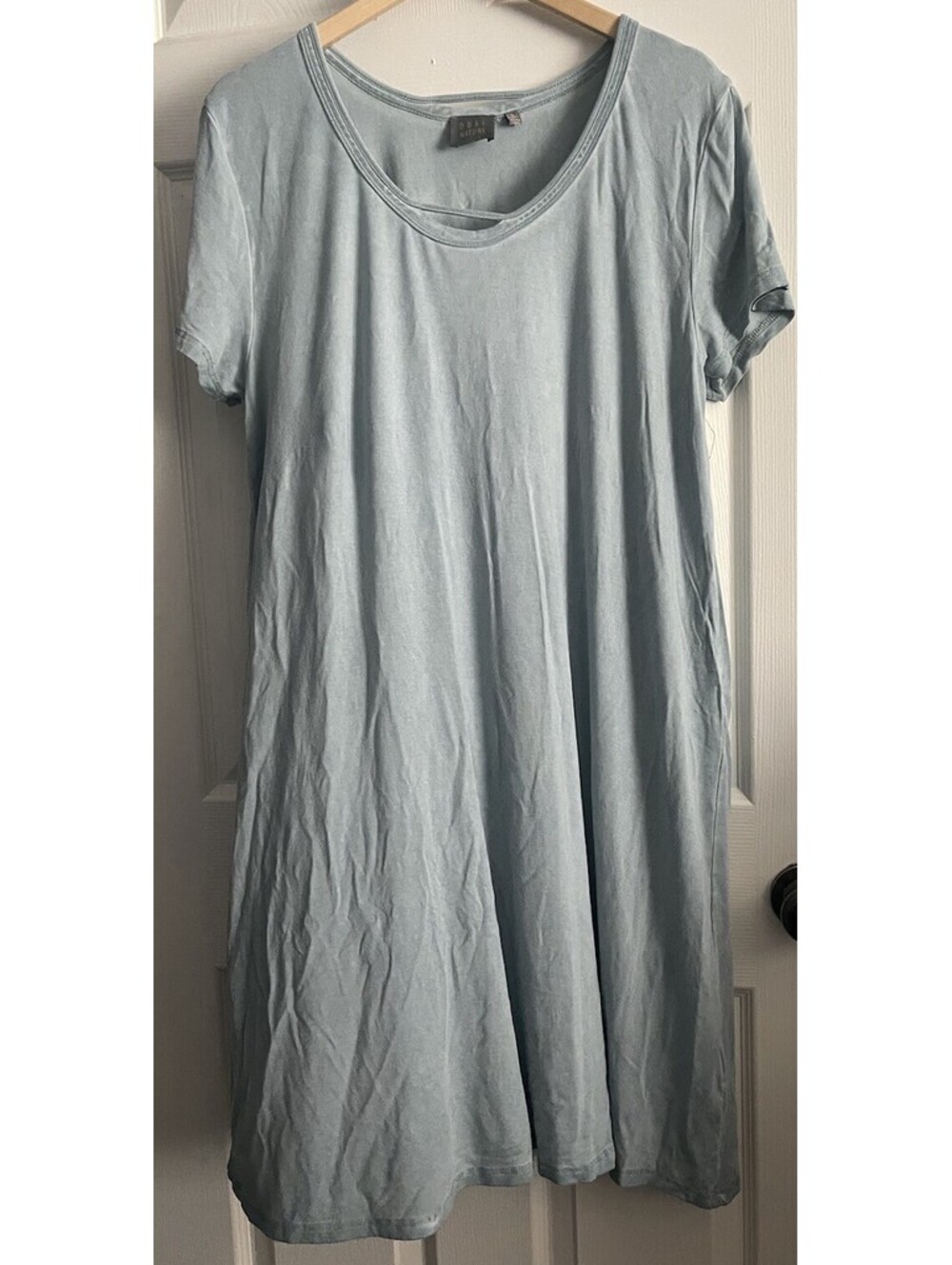 Dual Nature Womens L Midi Dress Light Blue Short Sleeves Stone Wash Look Cut Out